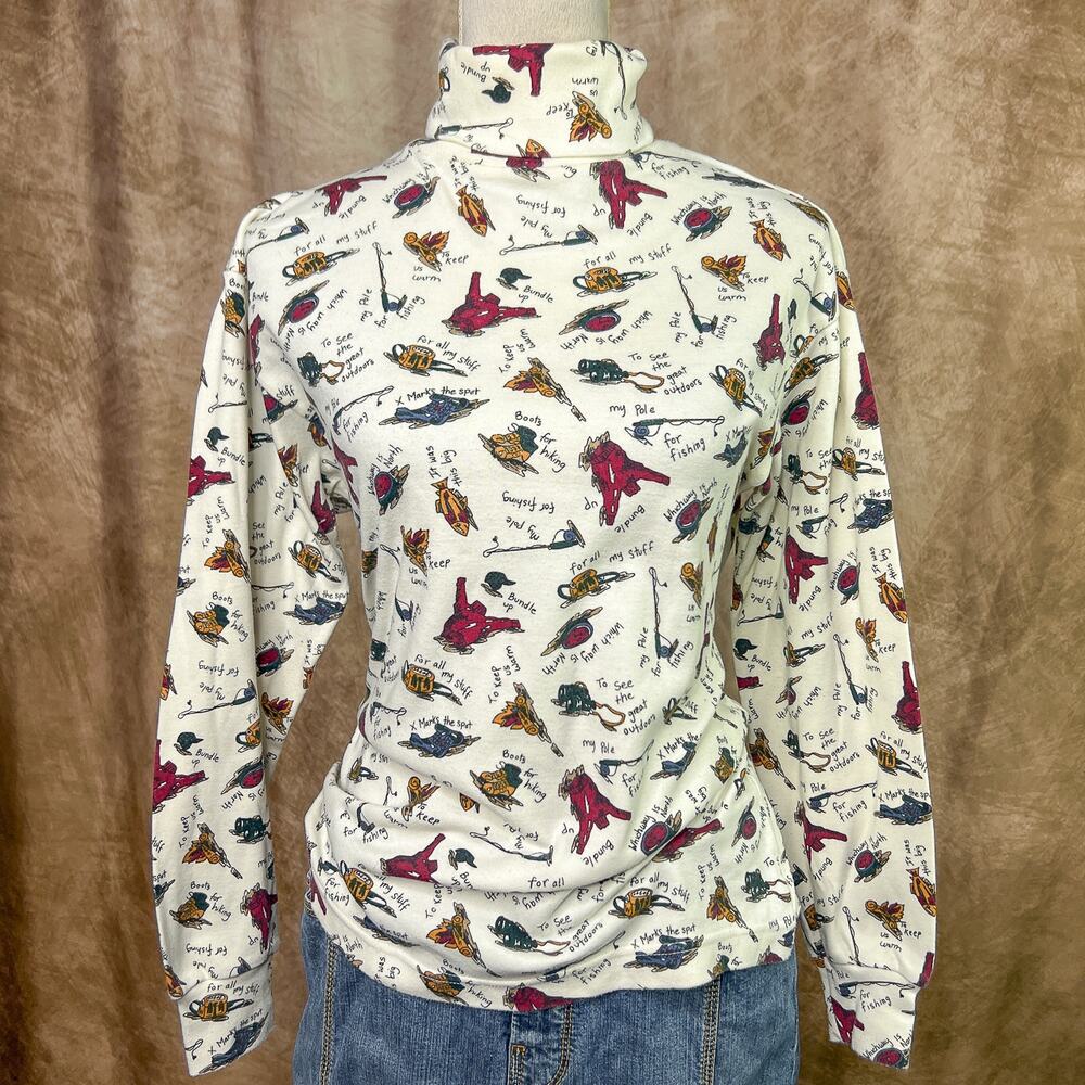 Vintage 90s Cabin Fishing Patterned Shirt Hiking Print Top Mock Neck Long Sleeve